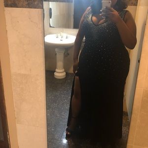 Plus size black velvet beaded dress.